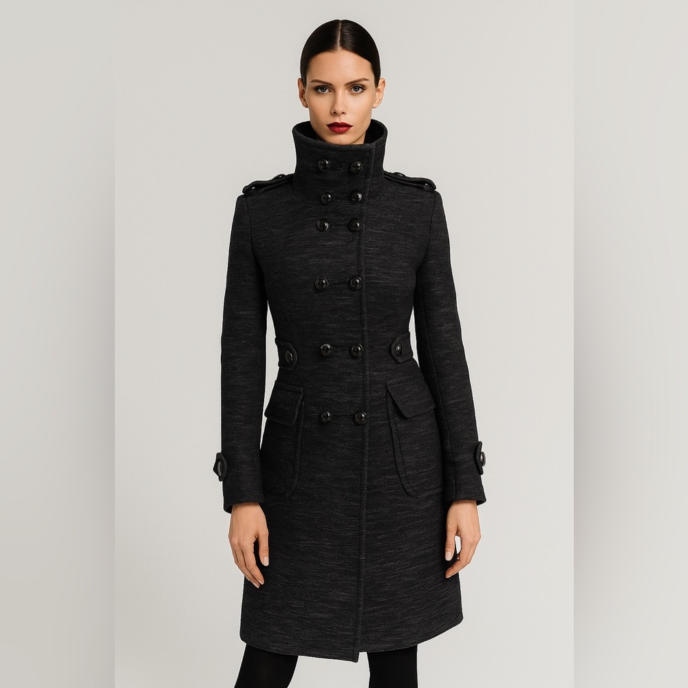 KAREN MILLEN - Navy Blue Wool Blend Button Fastening Funnel Neck Coat - Size 8